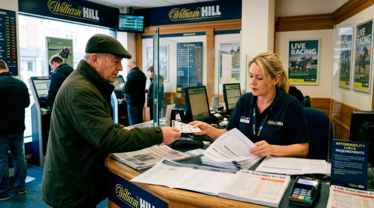 A UK racing punter at a high-street bookmaker counter handing a betting slip across as the cashier reviews account paperwork in line with affordability check requirements