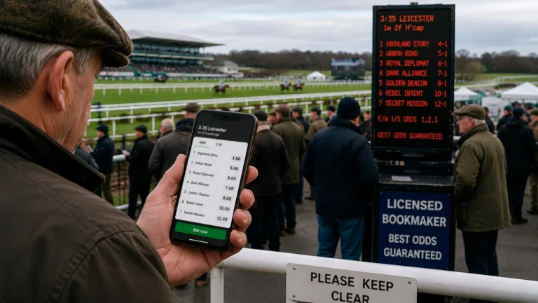 A British racegoer leaving the high-street bookmaker's enclosure at a UK racecourse for an unbranded mobile-phone screen showing offshore racing odds, contrasting the regulated betting shop with the black market