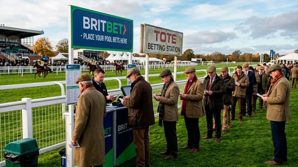 A UK racecourse pool-betting kiosk on the lawn enclosure with new Britbet branding alongside an older Tote sign, racegoers in autumn coats queueing to place pool bets