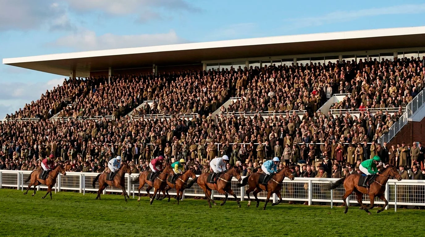 Packed Cheltenham Festival grandstand on a National Hunt race day with crowds watching runners on the run-in