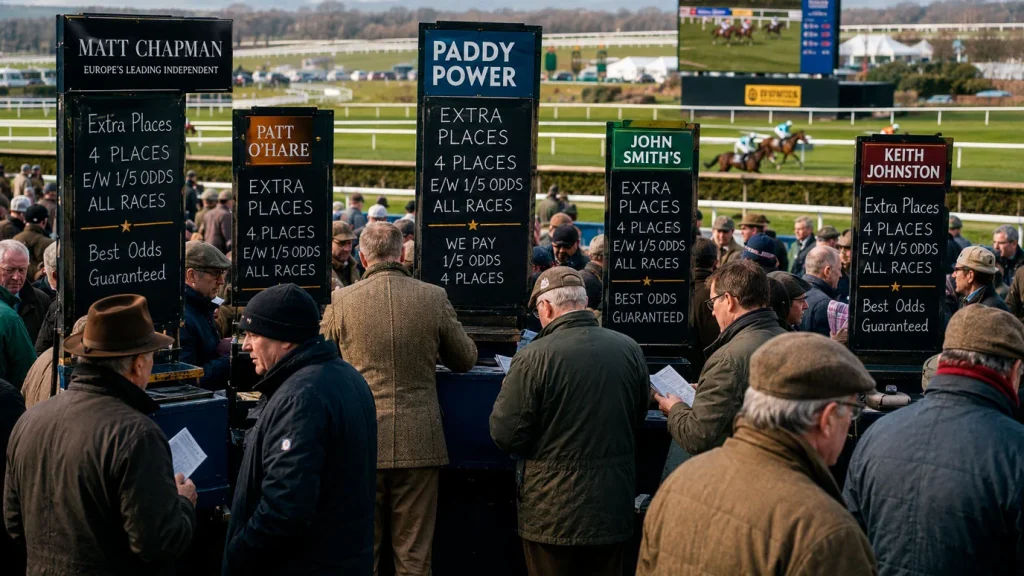 Cheltenham Festival enclosure during a handicap race showing the bookmaker boards advertising extra paid places for each-way bets