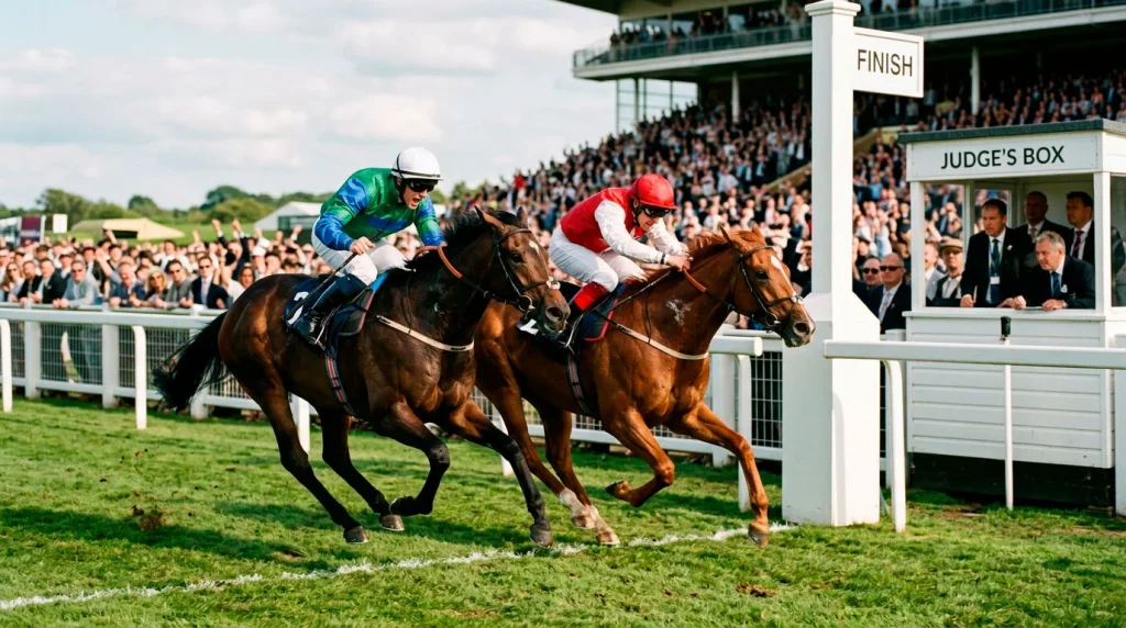 Two thoroughbred racehorses crossing the finishing post of a British turf course in a tight photo finish, riders pushing hard in the saddle as the judge inspects the line