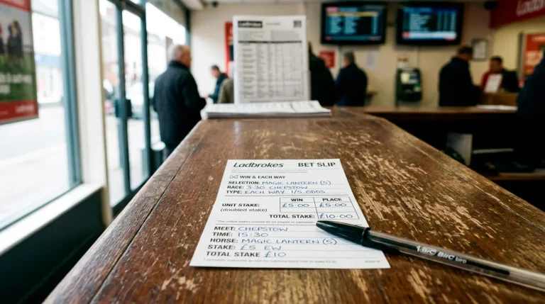 A British each-way betting slip showing the win and place legs of a horse racing bet with stake doubled