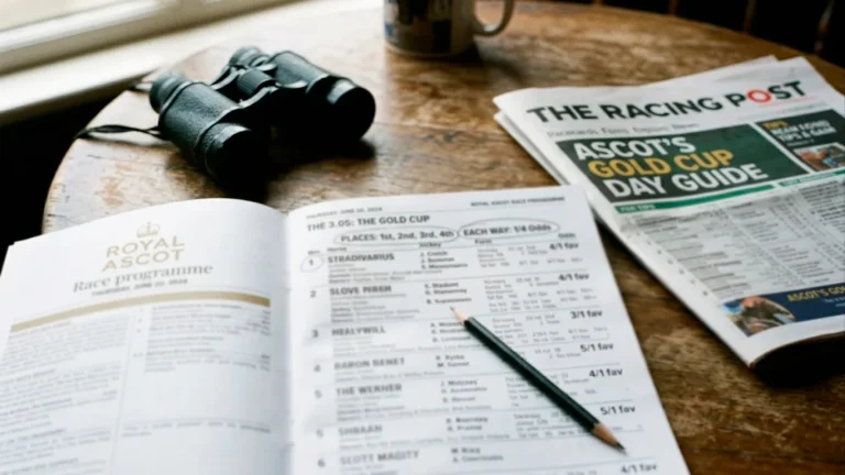 A British racing programme open on a wooden table with key each-way terms highlighted in pencil across the racecard, alongside binoculars and a folded copy of the day's racing pages