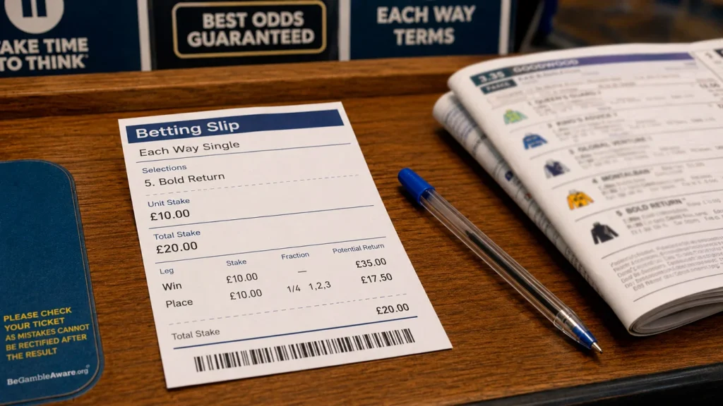 A British betting slip on a wooden bookmaker counter showing the win and place legs of an each-way bet broken out by stake, fraction and place return