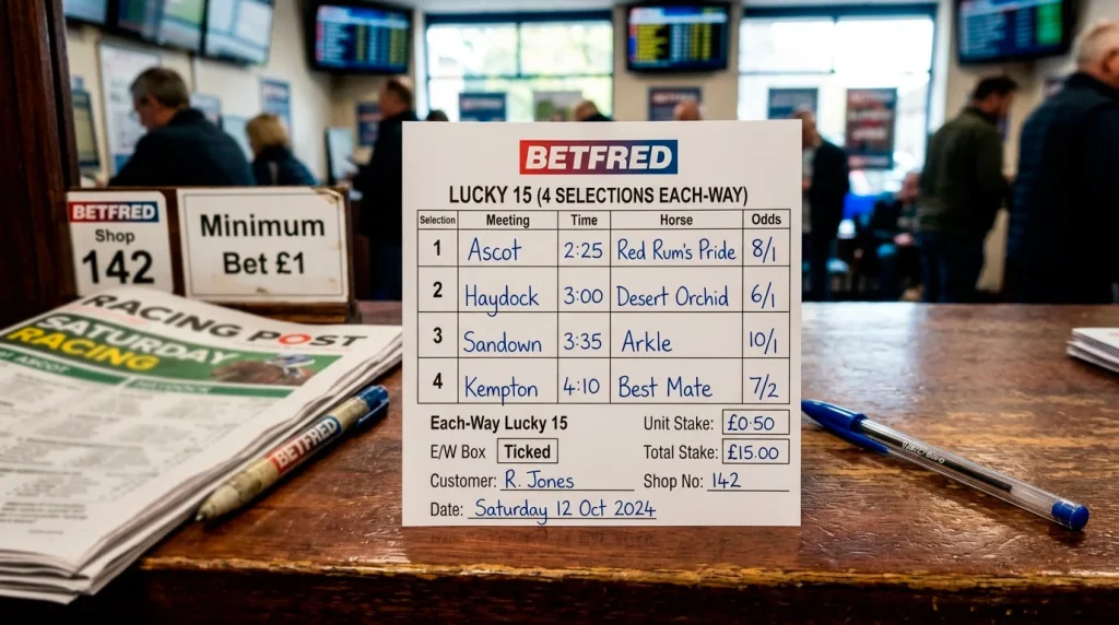 A British each-way Lucky 15 betting slip filled out by hand on a bookmaker counter, four horse selections combined across multiple race meetings on a UK Saturday card