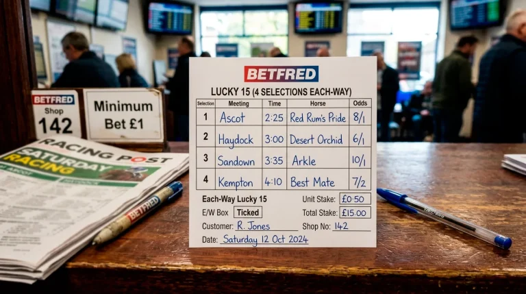 A British each-way Lucky 15 betting slip filled out by hand on a bookmaker counter, four horse selections combined across multiple race meetings on a UK Saturday card
