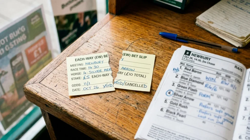 A British each-way betting slip torn in half on a bookmaker counter beside a marked-up racecard, illustrating common UK punter mistakes on a small-field race