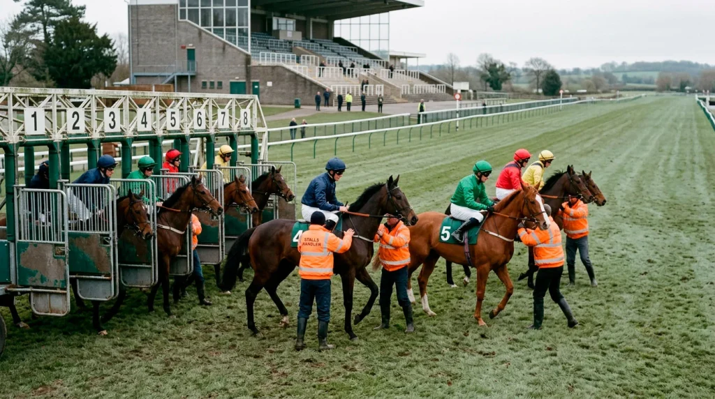 A thin field of eight thoroughbreds going to post for a midweek British Flat handicap, the stalls handler loading the runners while the rest of the racecourse looks sparsely attended