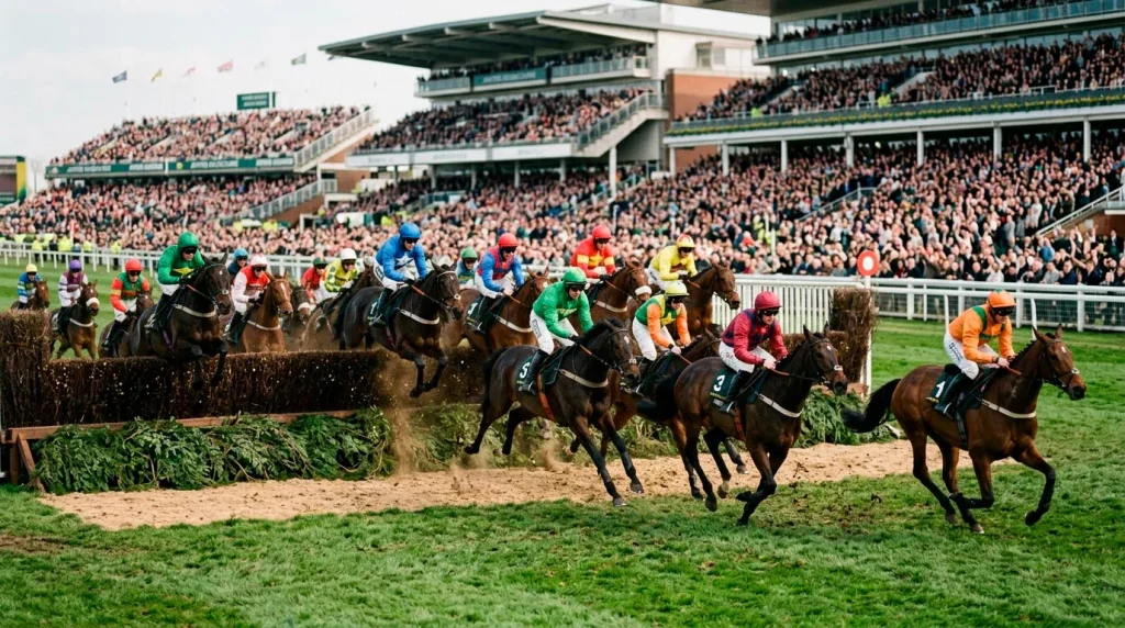 Aintree fences and a packed Grand National field illustrating how place terms have stretched from four to seven paid places over the years