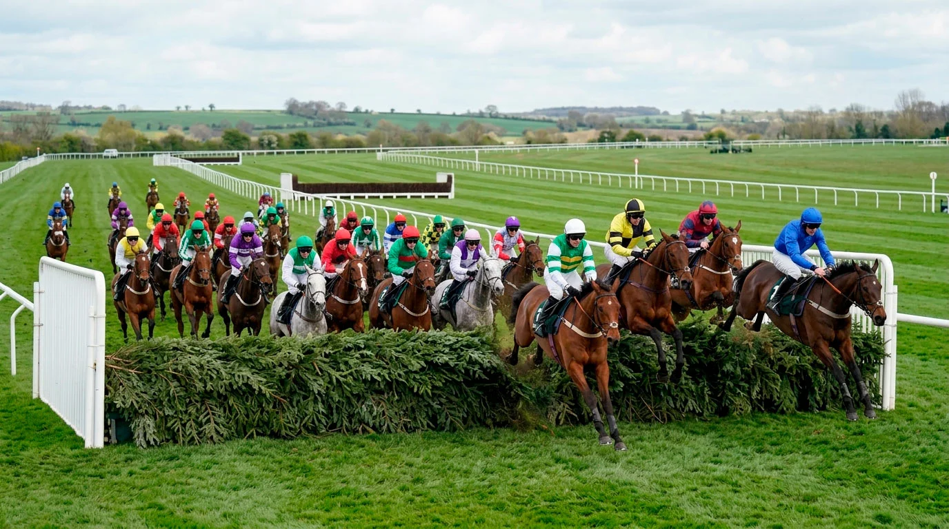 Large field of National Hunt runners clearing a fence at Aintree, the kind of 40-runner handicap that triggers extra-places promotions