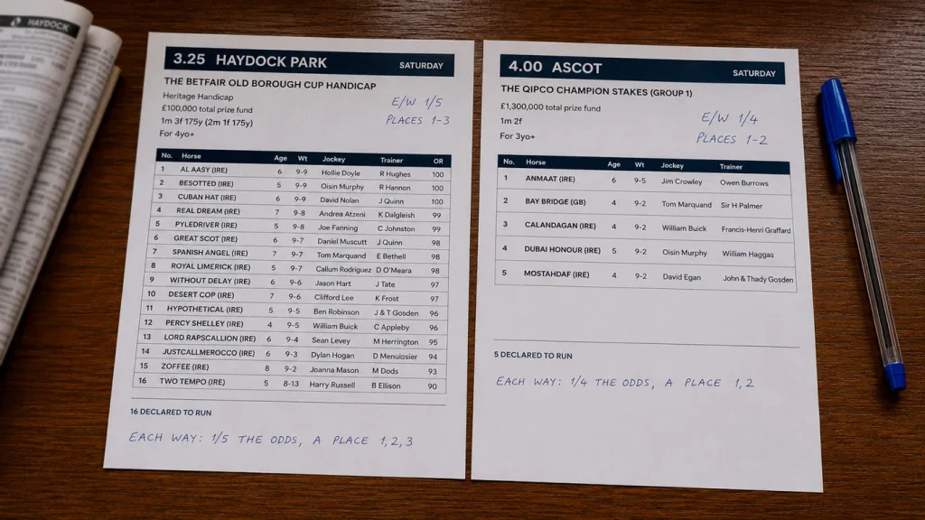 Two UK racecards laid side by side on a wooden table, one a sixteen-runner handicap and the other a small-field Group race, marked up with the different place terms for an each-way bet