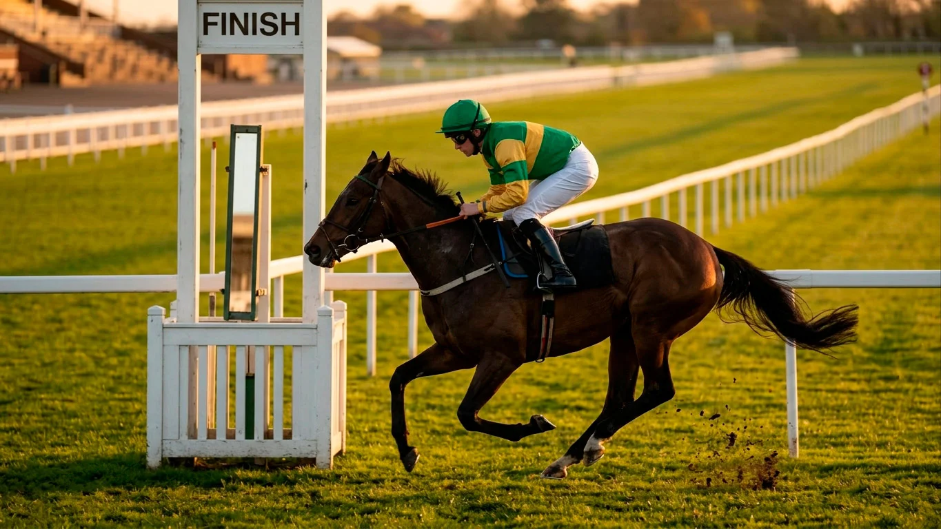 UK racecourse finishing post under afternoon light, runners passing the line in the frame