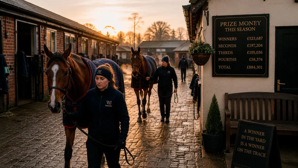A British racing yard at dawn with stable staff leading thoroughbreds out of their boxes for morning work, the prize-money board for the season visible on the office wall