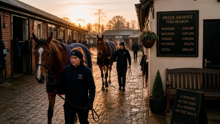 A British racing yard at dawn with stable staff leading thoroughbreds out of their boxes for morning work, the prize-money board for the season visible on the office wall