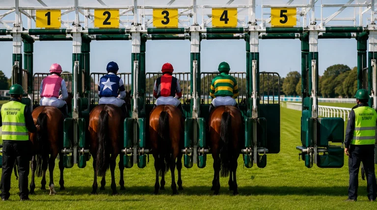 A British racecourse stalls scene with four loaded horses, illustrating the field threshold below which UK each-way bets collapse to win-only