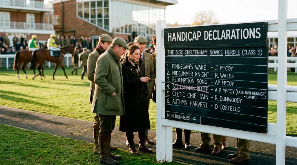 A handicap declaration board at a UK racecourse with a horse name crossed out, showing how non-runner no bet protects ante-post each-way stakes