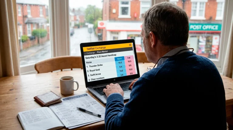 A UK each-way punter studying a Betfair exchange place market on a laptop, racecard notes for a Saturday handicap spread on the desk alongside