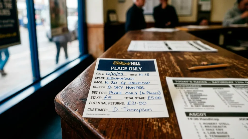 A close-up of a UK betting slip with a place-only bet entered on a horse, alongside an exchange place market screen showing back and lay prices
