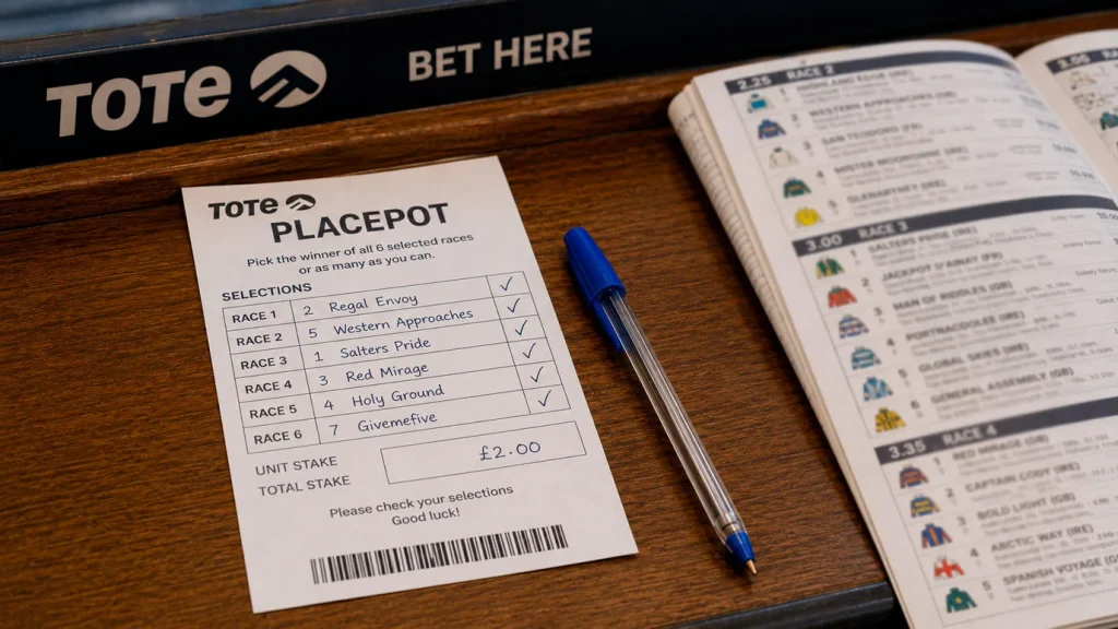 A Tote Placepot betting slip showing six selections across six races, illustrating the structure of UK pool place betting