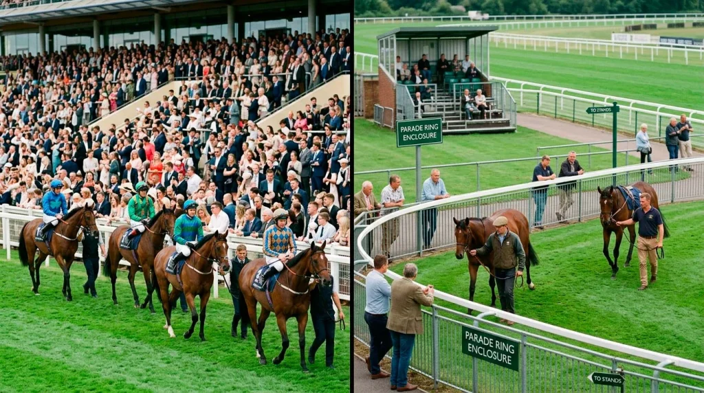 A packed Saturday Premier Fixture stand at a major British racecourse beside a quieter midweek Core Fixture enclosure, hinting at the two-speed UK racing programme