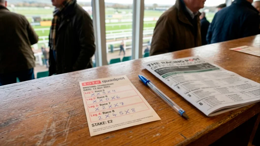 A Tote Quadpot betting slip with four legs selected across the latter half of a UK race card