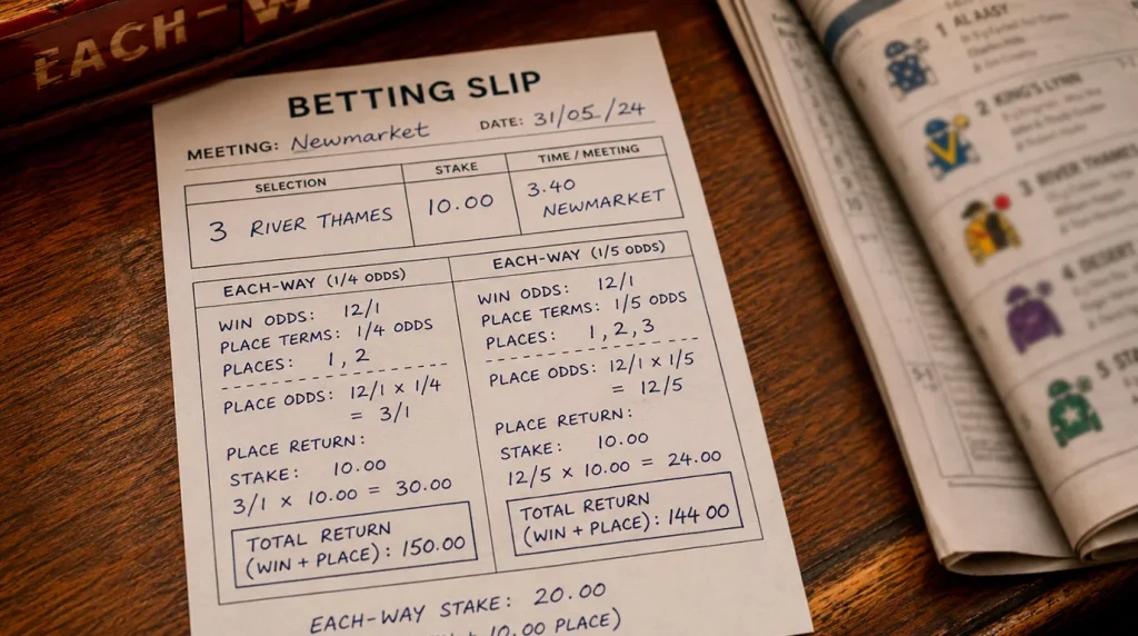 A British each-way slip annotated to show how a place fraction of one quarter or one fifth converts win odds into a place return