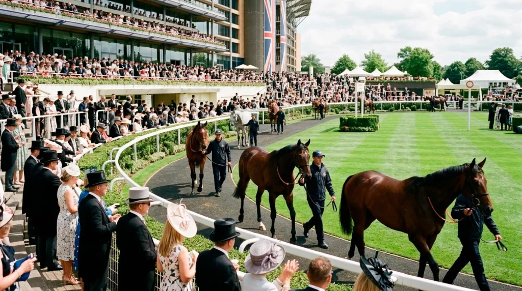 Royal Ascot grandstand and parade ring during a Group race, illustrating how varied race types reshape each-way place terms across the meeting