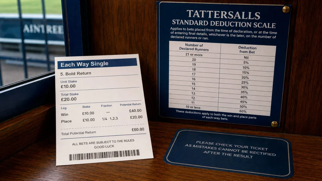 A British betting slip with a percentage deduction stamped across it, illustrating how Rule 4 reduces each-way returns after a late withdrawal