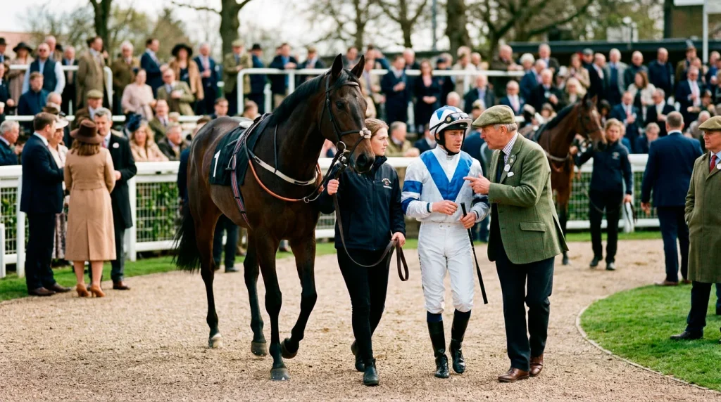 A short-priced favourite thoroughbred in the parade ring at a British racecourse, jockey in silks being given final instructions by the trainer before mounting up