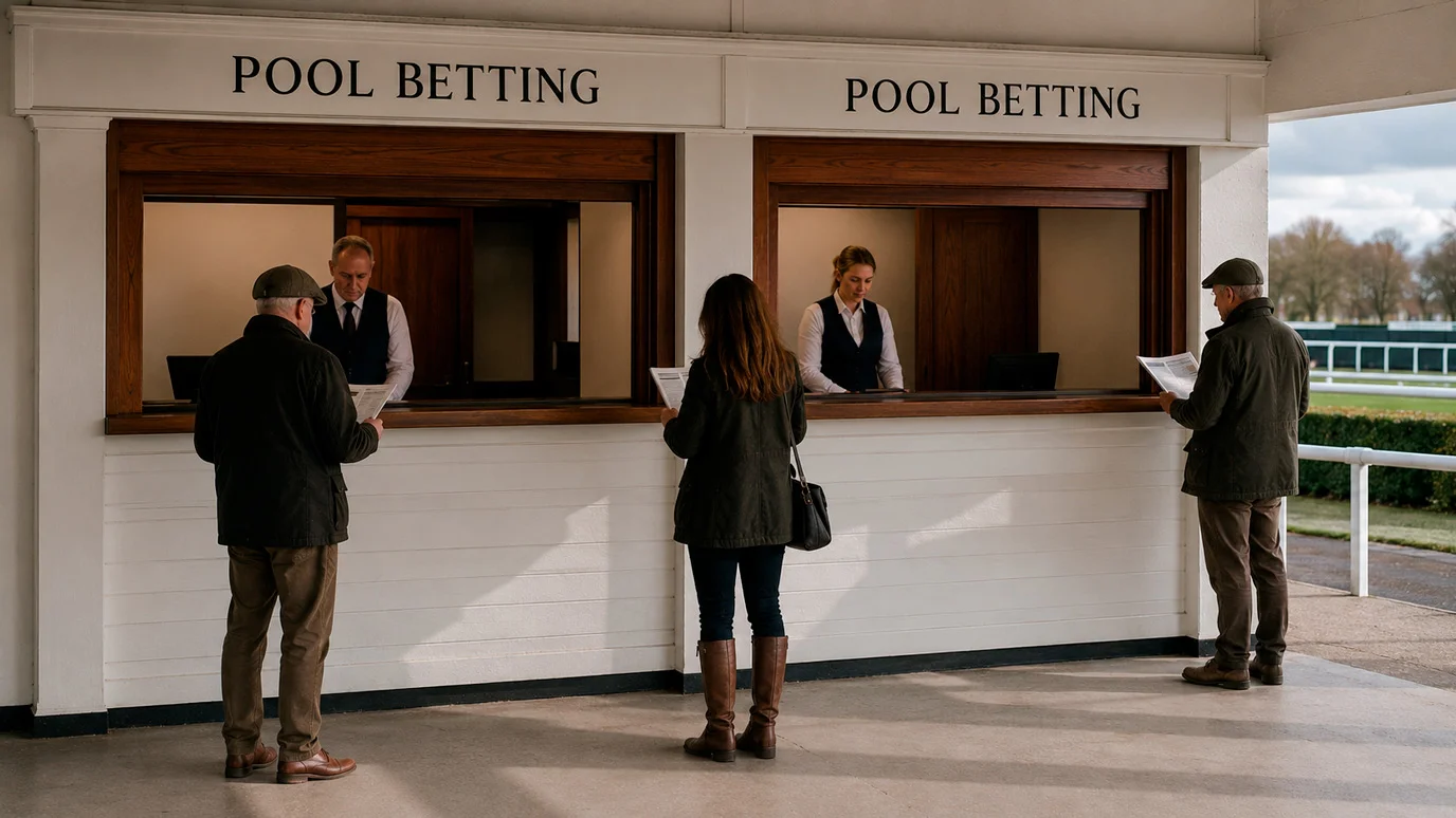 On-course Tote and Britbet pool betting kiosks at a UK racecourse, with punters approaching the windows before a race