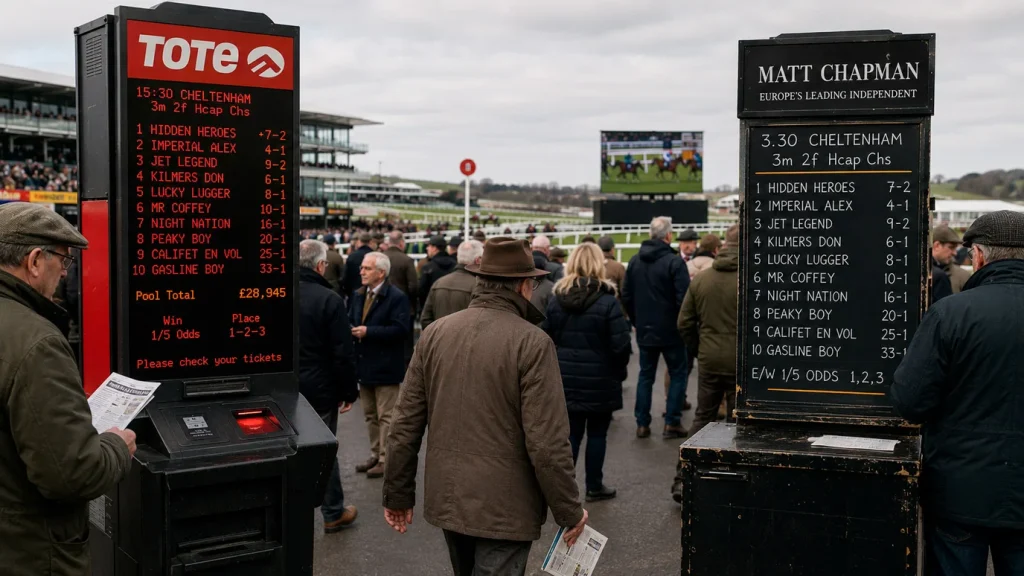 A UK racecourse betting ring with a Tote terminal beside a bookmaker pitch board, showing pool dividends on one side and fixed-odds prices on the other for the same horse race