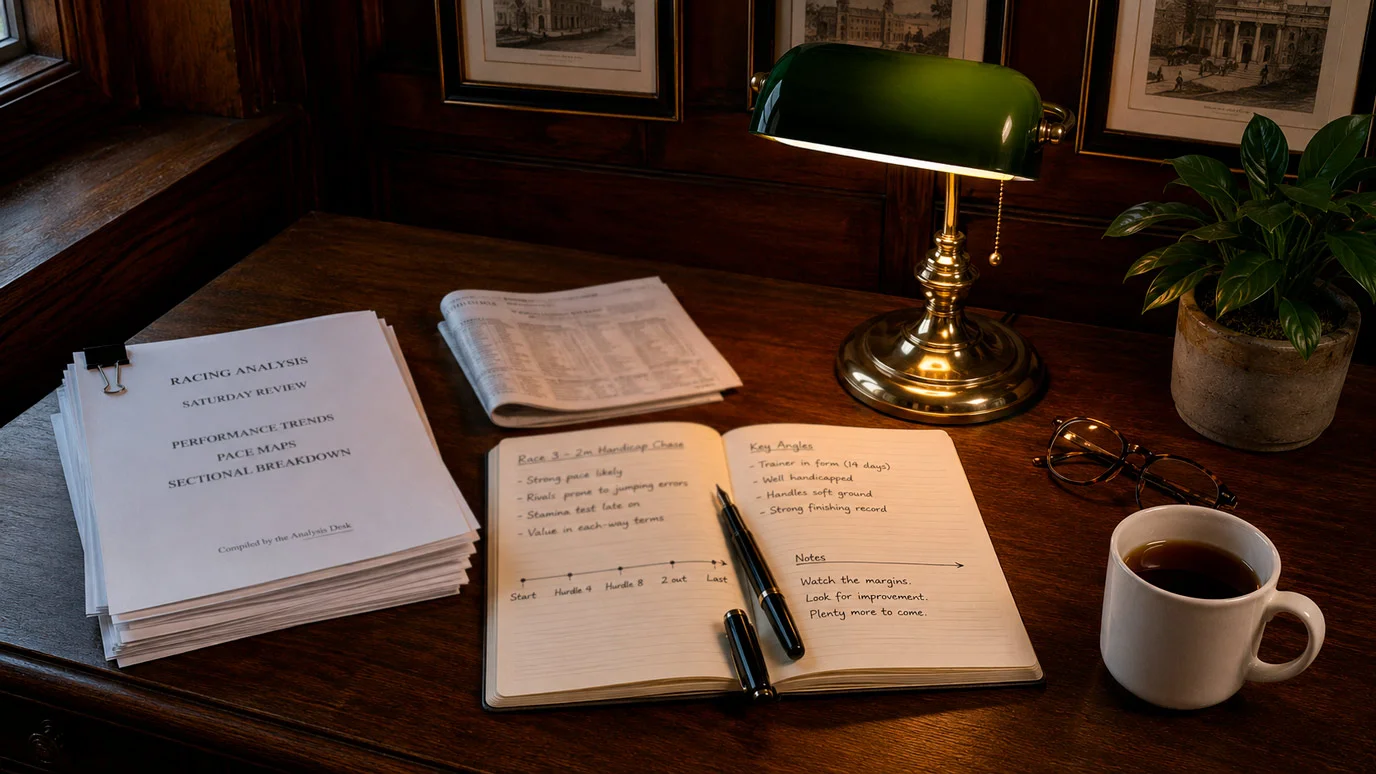 Editorial desk with printed UK Gambling Commission reports, a racing programme and a notebook of handwritten notes under a reading lamp