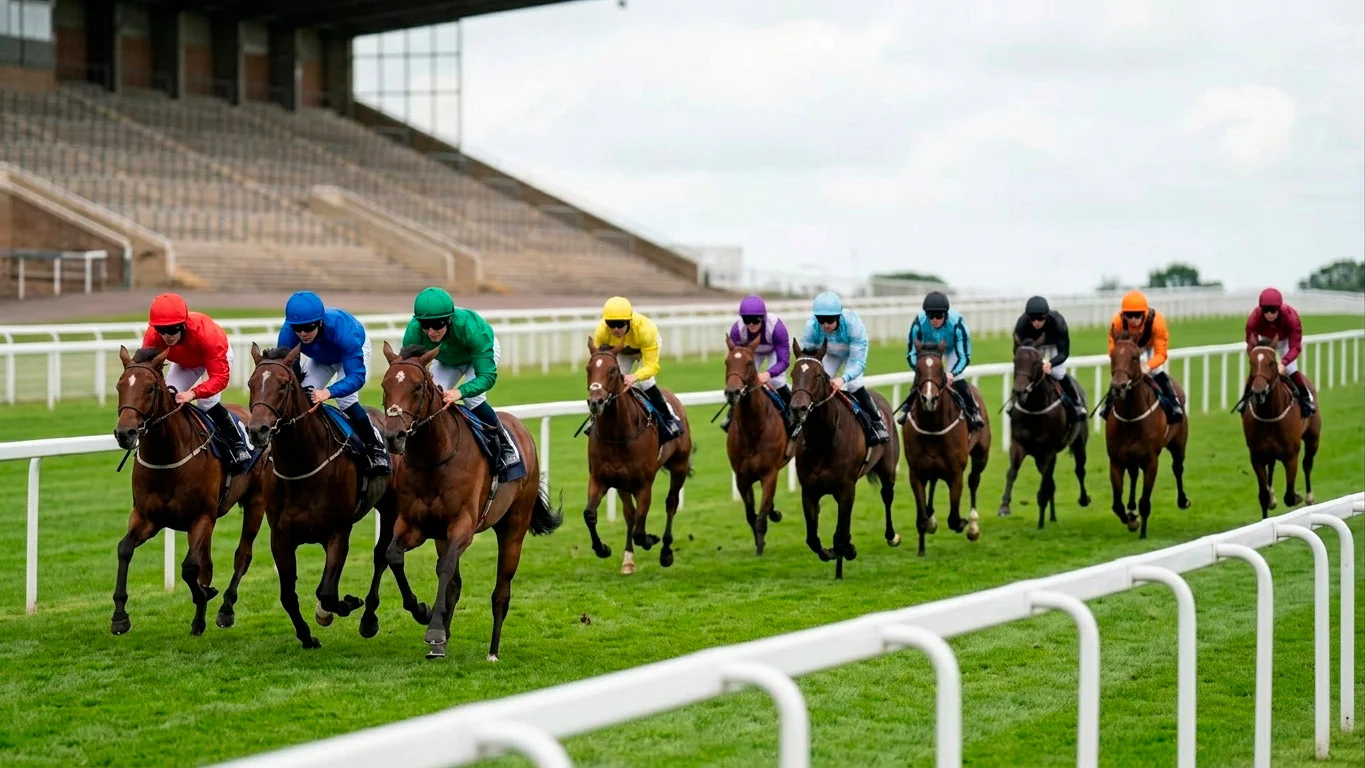 Mid-size field of UK thoroughbred runners stretched out down the home straight at a British racecourse