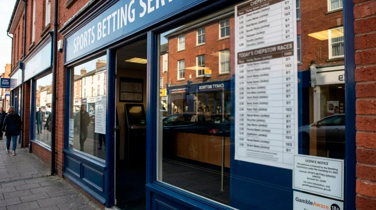 A high-street UK bookmaker shop window in a British high street displaying the UK Gambling Commission licence notice next to printed racing odds for the afternoon's card